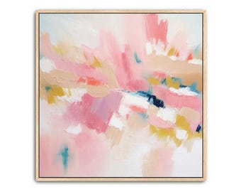 Pintura acrílica abstracta pintada a mano: lienzo enmarcado en rosa pastel