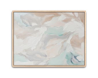 Textured Abstract Painting: Neutral Beige, Aqua Blue, Framed Canvas