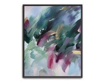 Hand Painted Abstract Acrylic Painting: Gold, Magenta, Teal Framed Canvas