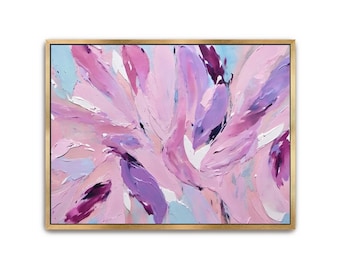 Hand Painted Abstract Acrylic Painting: Pink Purple Framed Canvas Wall Art
