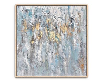 Hand Painted Abstract Canvas Art: Light Blue, Beige & Gold - Framed