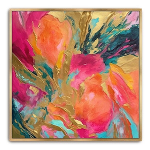 Abstract Painting Hand Painted Art, Textured Original Floral Large Artwork Modern Wall Art, Colorful Pink Orange Framed Canvas Wall Decor
