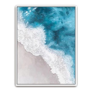 Hand Painted Abstract Art Acrylic Painting Large Wall Artwork, White Aqua Blue Turquoise Ocean Coastal Beach Waves Framed Canvas Decor