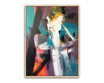 Hand Painted Abstract Canvas Art: Turquoise, Teal, Red, Framed
