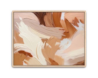 Arte abstrata em tela pintada à mão: bege, marrom e cobre - decoração de parede emoldurada