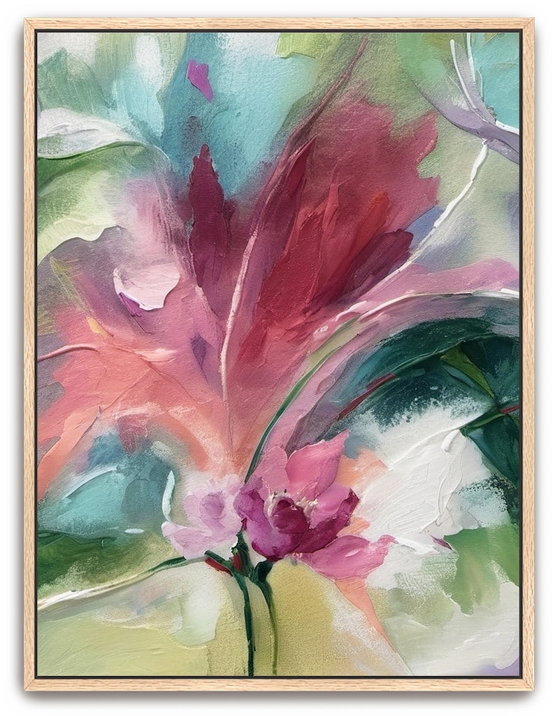 Pu&ograve; includere: Dipinto floreale astratto in una cornice di legno. L'opera presenta una vibrante composizione di pennellate rosa, rosse, verdi e blu, creando un design floreale strutturato e dinamico. Il dipinto &egrave; un primo piano di un fiore.
