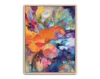 Arte floreale su tela dipinta a mano: decorazione da parete astratta e colorata con cornice