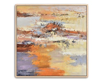 Textured Abstract Painting: Orange, Beige, and Gray Framed Canvas Art