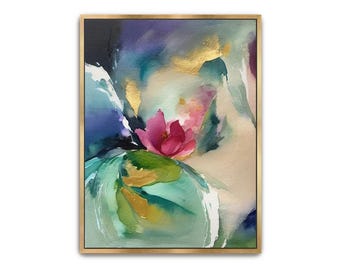 Pintura abstrata floral pintada à mão: tela com moldura azul-petróleo, rosa e dourado