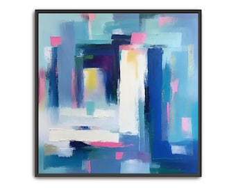 Hand Painted Abstract Acrylic Painting: Blue, Teal, Pink Framed Canvas