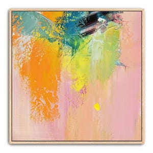 Abstract Hand Painted Colorful Art Painting Textured Large Artwork Wall Art, Light Pink Peach Orange Aqua Green Blue Framed Canvas Wall Art
