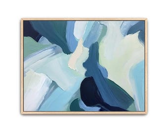 Hand Painted Abstract Acrylic Painting: Blue, Teal, & White Framed Canvas