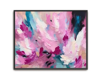 Puede incluir: Pintura abstracta con pinceladas rosas, blancas y azules. La pintura tiene un aspecto texturizado y en capas y está enmarcada en un marco negro.