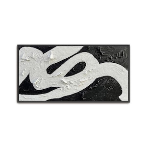 Hand Painted Abstract Acrylic Painting, Large Colorful Artwork Wall Art, Neutral Black White Minimalist 3D Textured Framed Canvas Decor