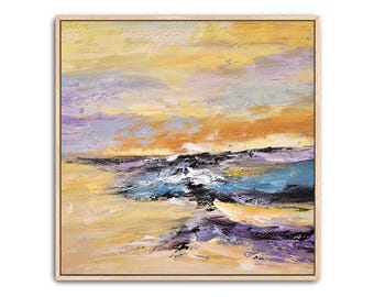 Hand Painted Abstract Sunset Painting: Textured Framed Canvas Wall Art