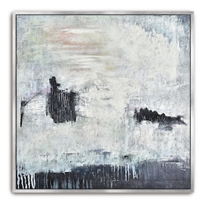 Abstract Gray Hand Painted Art White Neutral Painting Textured Large Artwork Wall Art, Light Gray Black White Aqua Framed Canvas Wall Decor