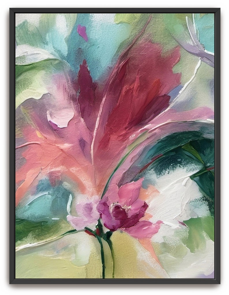 Pu&ograve; includere: Dipinto floreale astratto in cornice nera. L'opera presenta una vibrante composizione di pennellate rosa, rosse, verdi e turchesi. La vernice strutturata crea un senso di profondit&agrave; e movimento, con un focus su un fiore centrale.