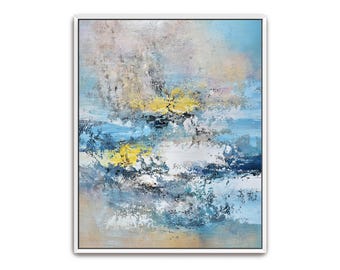 Hand Painted Abstract Blue Art: Textured Framed Canvas Wall Decor