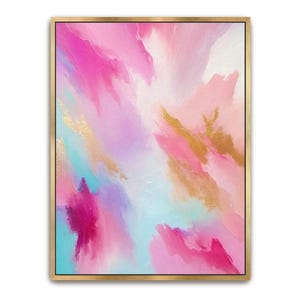 Hand Painted Abstract Acrylic Painting, Large Artwork Wall Art, Bright Pink Aqua Magenta Fuchsia Gold Colorful Textured Framed Canvas Decor