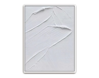Hand Painted White Textured Abstract Art: Framed Minimalist Canvas