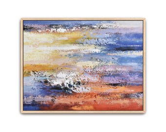 Hand Painted Abstract Canvas Art: Orange, Blue, Purple, Yellow - Framed Wall Decor