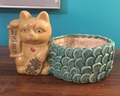 Vintage lucky cat - yellow - bamboo planter, pot - green coins - Japan MANEKI NEKO BECKONING kitty - fortune money wealth - fengshui, 1960 39 s