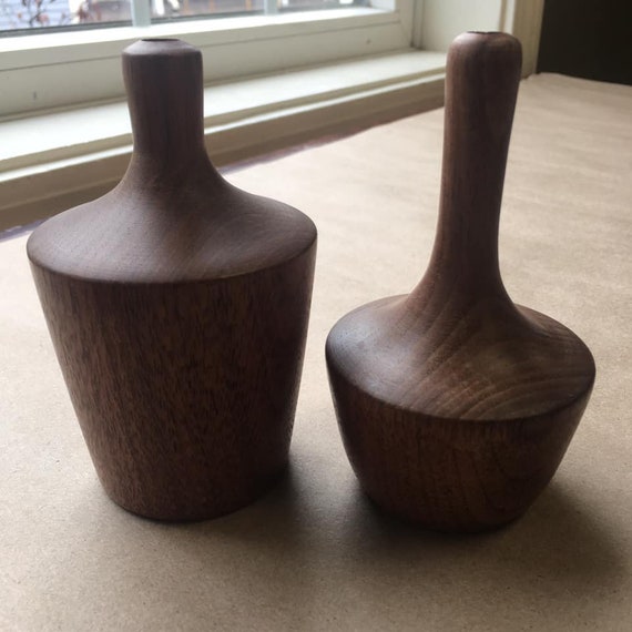 Sale Mid Century Walnut Wood Turned Vases Modern Simple Etsy