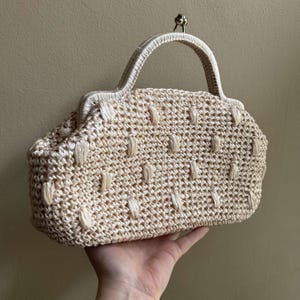 Vintage Creme Raffia Handtasche - Geflochtene Stroh Weiß Handtasche - 1950 Tasche