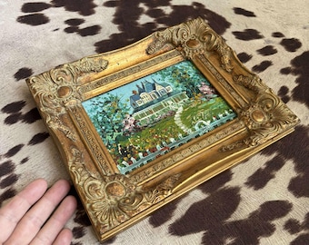 House garden scene - Painting in decorative gold frame - small scale wall art - landscape home original art -