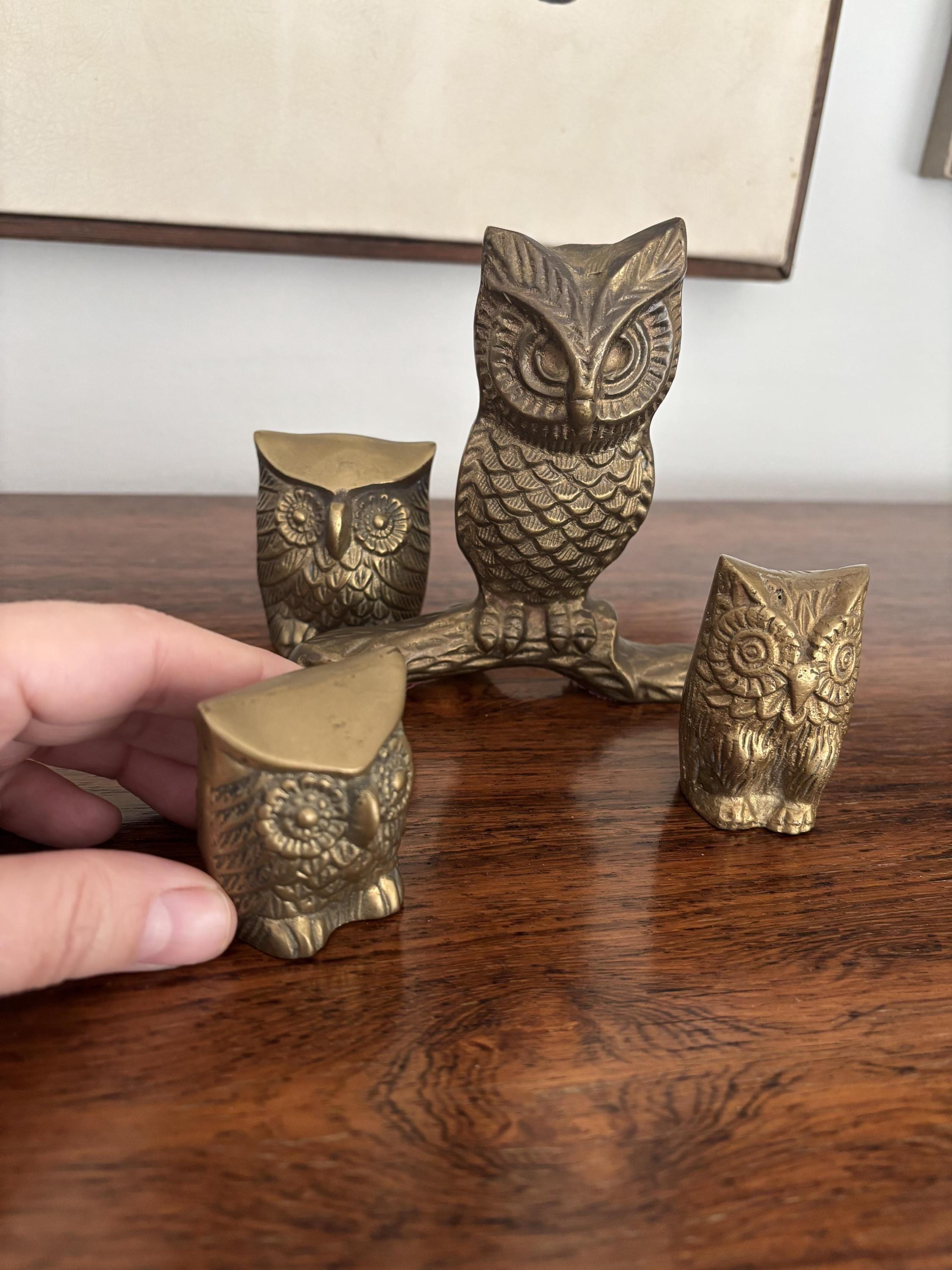 Collection of brass owl figurines - boho metal collectable birds - Leonard Brass