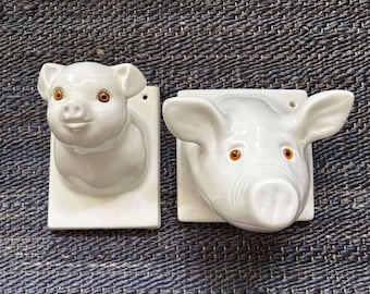 Vintage ceramic pig head busts - wall hanging - towel holder hook - apron holder -  farmhouse - wall mount porcelain white pigs