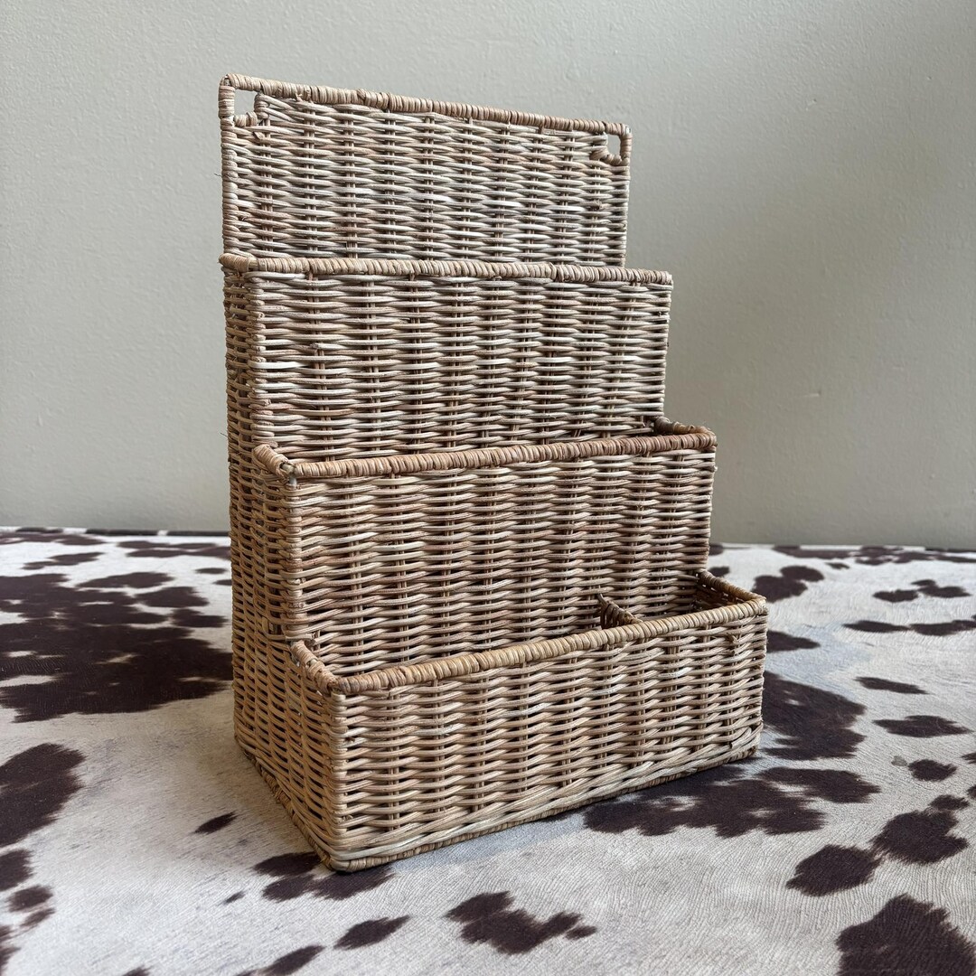 3 Tier Wicker Basket Office Organizer - Boho Storage Wall Hanging - Etsy