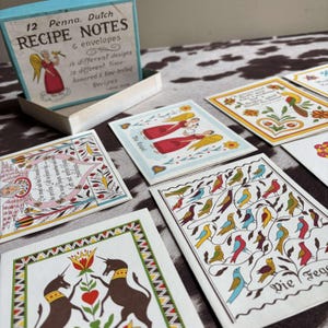 12 tarjetas de recetas vintage de Pensilvania - Jacob y Jane Zook - Arte de papelería con temática de arte popular holandés.