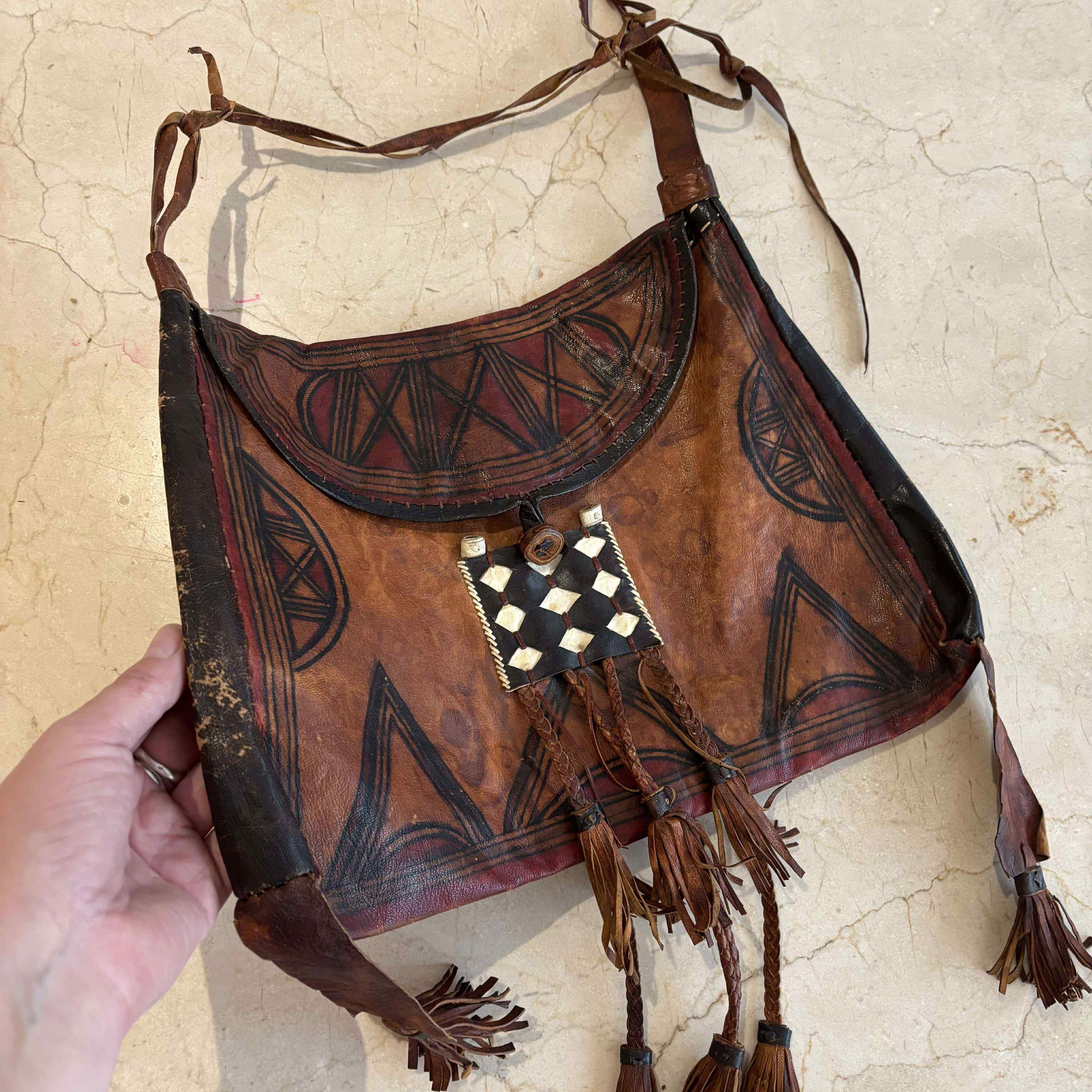 African Tuareg Camel Leather Duffle Style Bag Authentic Tuareg Style Leather Crossbody Bag Handmade in  main image 3