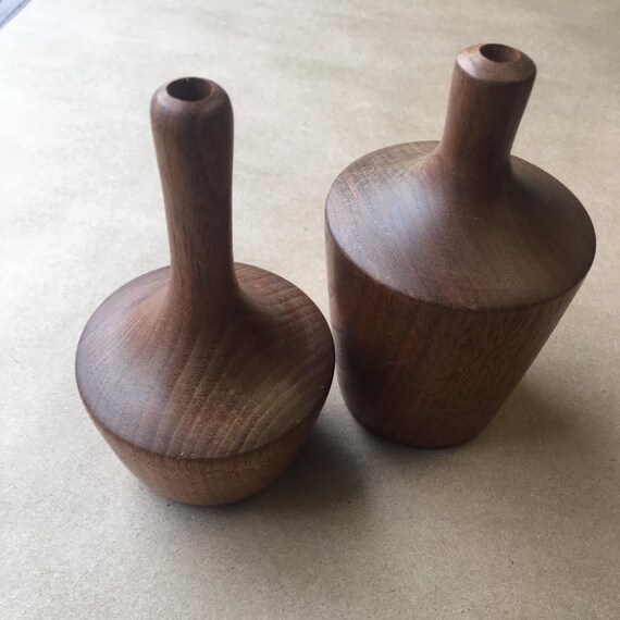 Sale Mid Century Walnut Wood Turned Vases Modern Simple Etsy