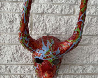 Papier Mâché bull mask - red splatter art - wall art - Paper Mache - abstract object - horned mask