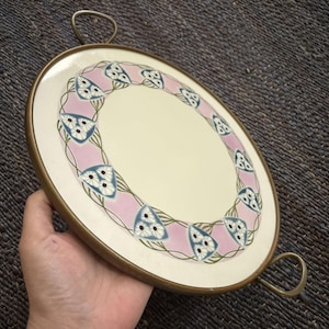 Antique Austrian Ceramic Tray with brass rim and handles - Pink floral design - Art Nouveau serving dish Dc.1200