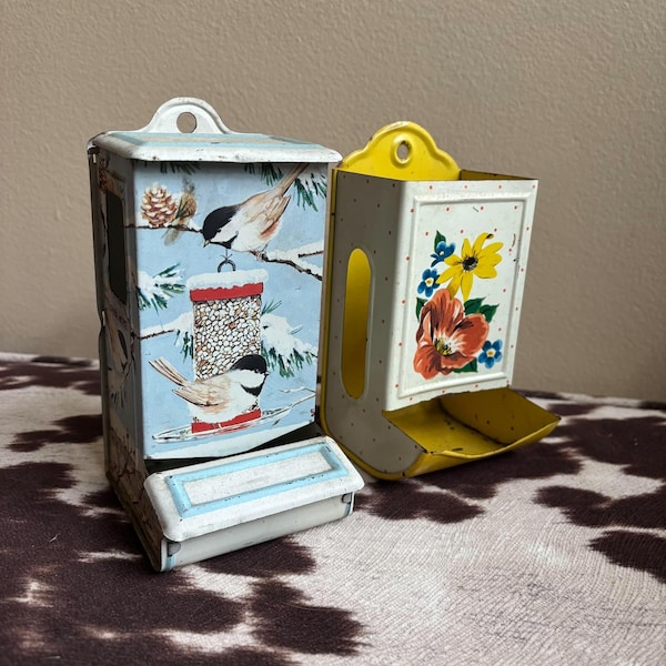 Vintage Metal match box holder - wall mount match tin -Jasco winter birds