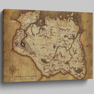 Póster del mapa de Skyrim: Arte mural de Elder Scrolls Tamriel, impresión de mapa de fantasía vintage, decoración para habitación de gamer, lienzo de Skyrim, regalo de videojuegos para él