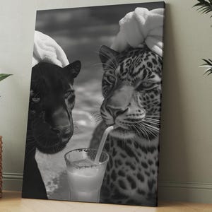 高級ファッション チーターとジャガーのカクテル プリント、白黒アート、ビンテージ写真、動物プリント、ファッション ポスター、バー カートの装飾