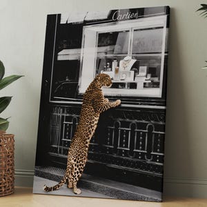 Vintage Panther Druck, Schwarz - Weiß-Mode Poster, Panther im Jewelry Shop Art, Retro Fotografie Wand-Dekor, Elegante Leinwand Kunst