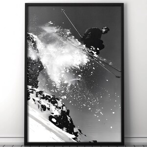 ヴィンテージスキーポスター - 白黒スキーアートプリント - ウィンタースポーツウォールデコ - レトロスキーロッジデコ - 雪山アート - すぐに掛けられます