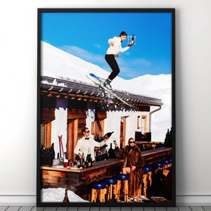 Plakat Vintage Skiing - Kolorowa sztuka ścienna Apres Ski - Wystrój retro domku narciarskiego - Wydruk zimowych sportów - Wystrój baru - Gotowy do powieszenia