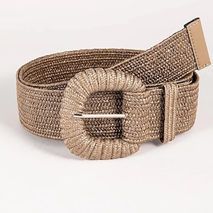 Raffia Woven Stretch Belt for Women – Summer Coffee Straw Belt with Square Buckle, Casual Dress Belt, Boho Party & Outing Accessory