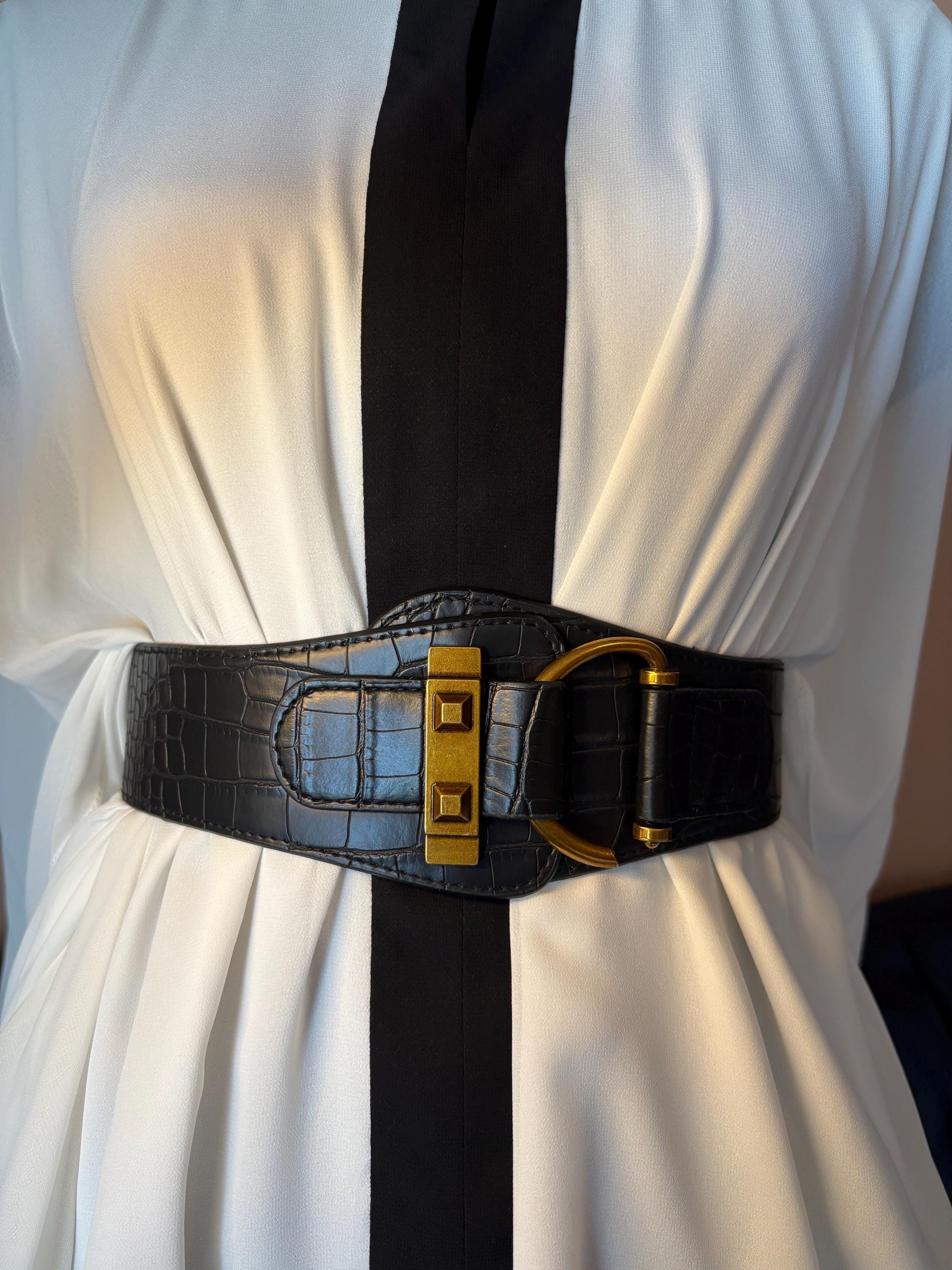 5894 Wide Elastic Stretch Vintage Antique Retro Buckle Belt (black- Leopard Classic Vintage Leopard Print Wide Waist Belt – Elastic  main image 3