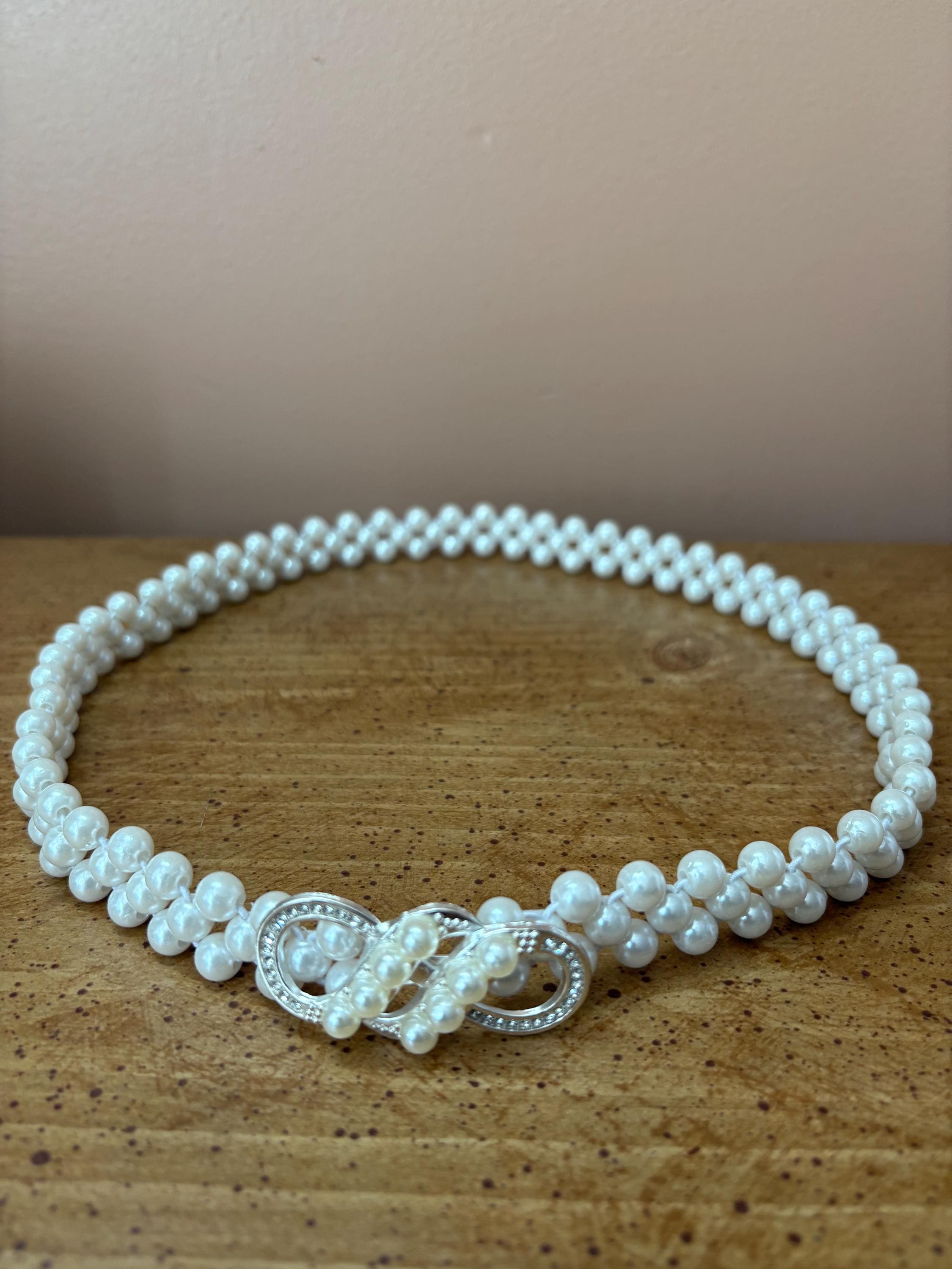 Vintage Pearl Stretch Belt: Woven Elastic Skinny Belt With  display picture 2