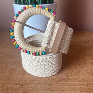 Square Stretch Belt – Beige Raffia Woven Belt for Women, Boho Summer Dress Belt, Wedding, Beach & Outing Accessory