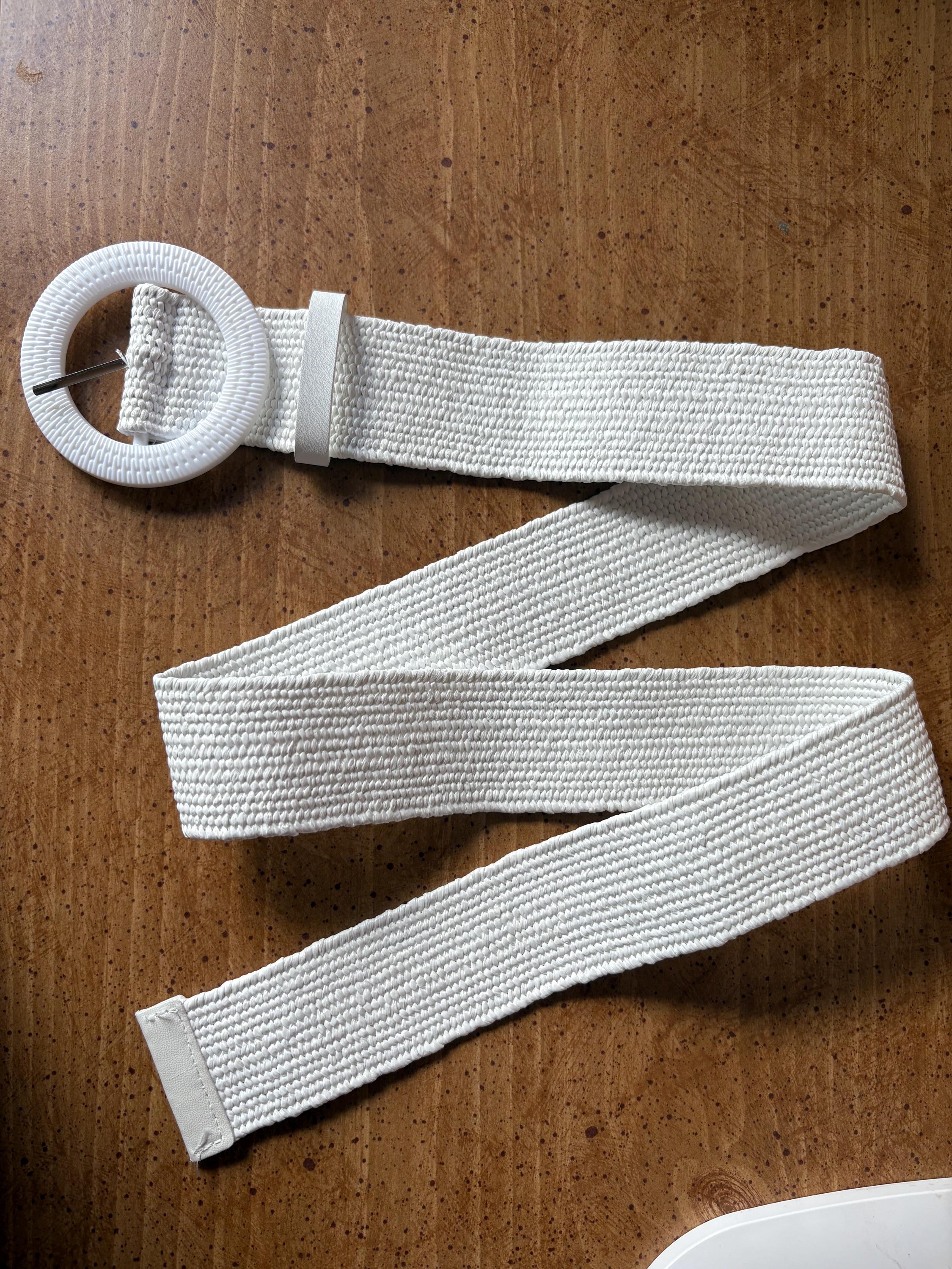 White Woven Raffia Belt: Boho Elastic Waist Belt With Round 