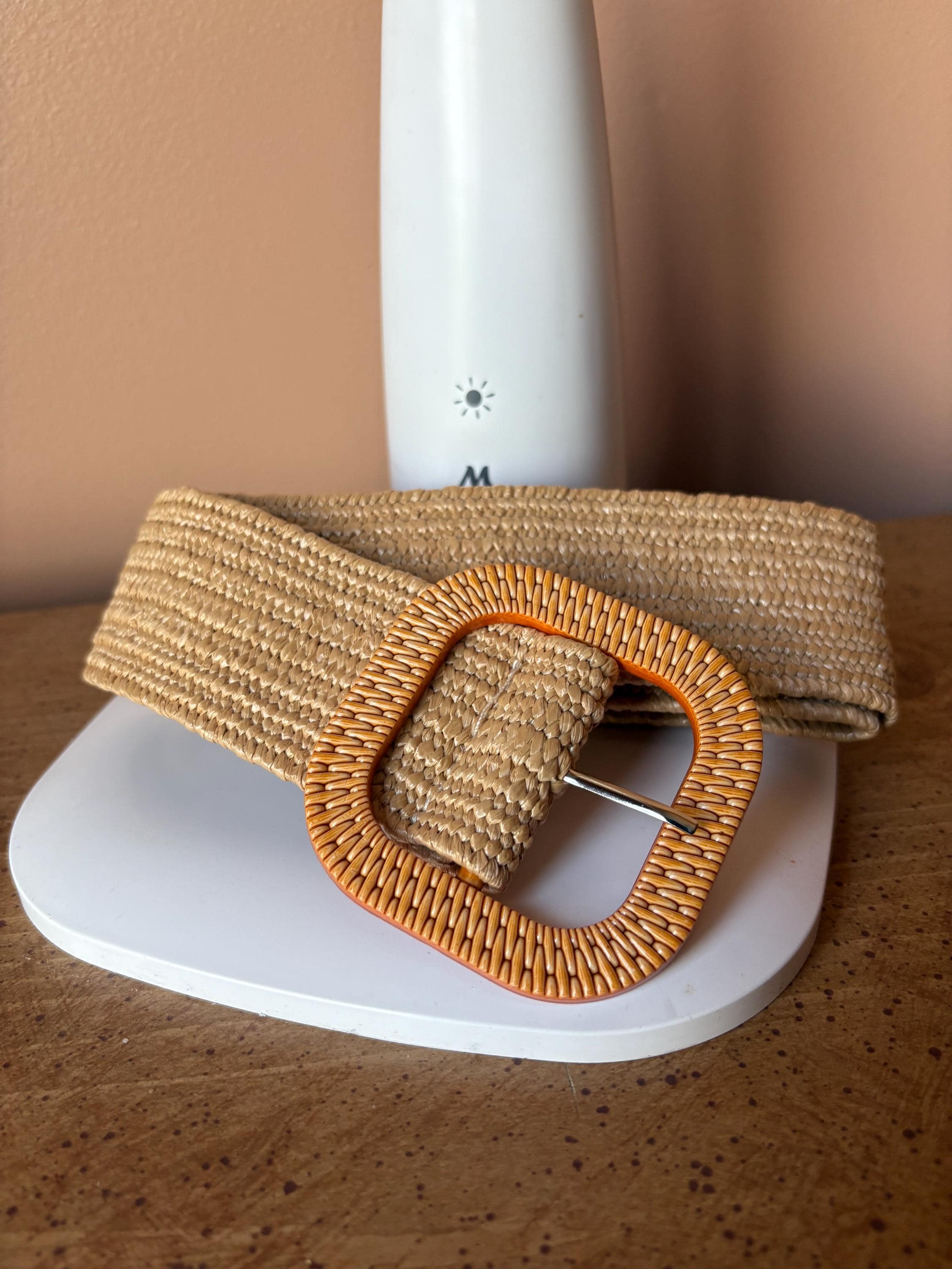 Woven Raffia Boho Belt: Wide Elastic Stretch Waist - Square 