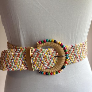 Elastic Raffia Straw Belt – Colorful Woven Stretch Belt for Women, Summer Dress Accessory, Casual & Party Waist Belt